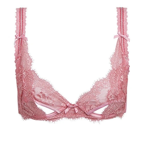 For Love & Lemons ✦ Shimmer Lace Bra ✦ Peekaboo Cutouts Mini Bows Rosewood XL - Picture 3 of 8